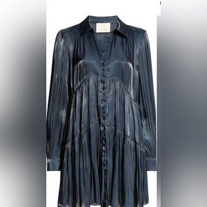 cinq a sept Satin Pleated Button-Front dress in Slate Navy